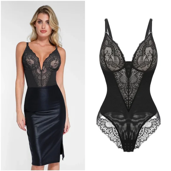 NWT Popilush Black Floral Lace Deep V Shapewear Thong Tummy Control Bodysuit - Picture 11 of 16